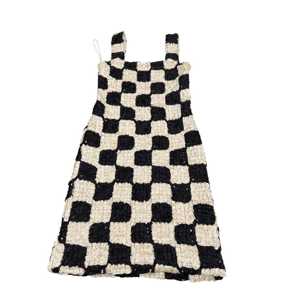Nanushka Black Cream Checkered Popcorn Mini Dress Sleeveless Square Neck XS
